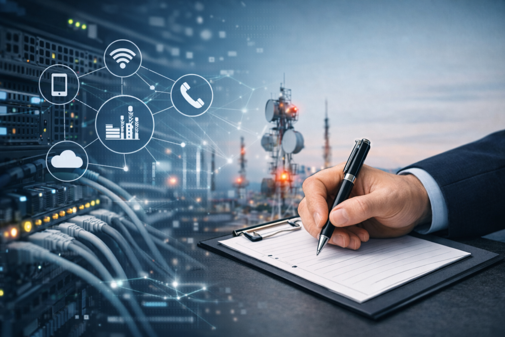 Hand eines IT-Sachverständigen bei der Dokumentation technischer Prüfungen vor Netzwerk- und Telekommunikationsinfrastruktur