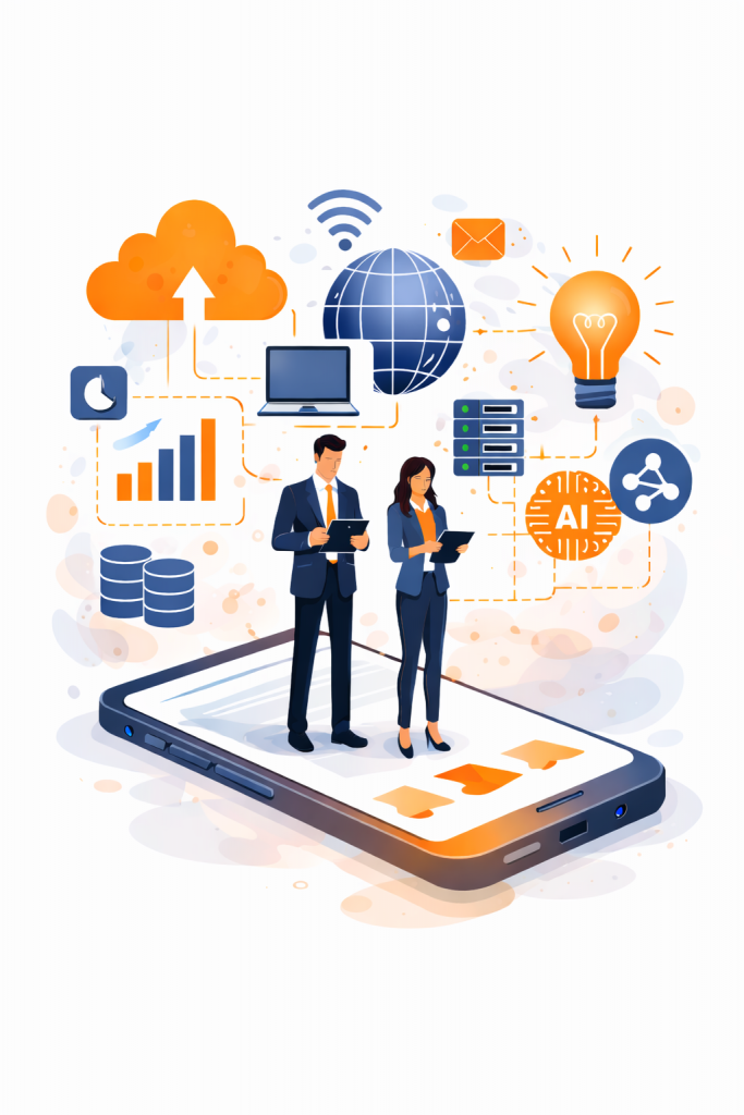 Digital transformation consulting with AI, cloud computing, servers and data infrastructure illustration